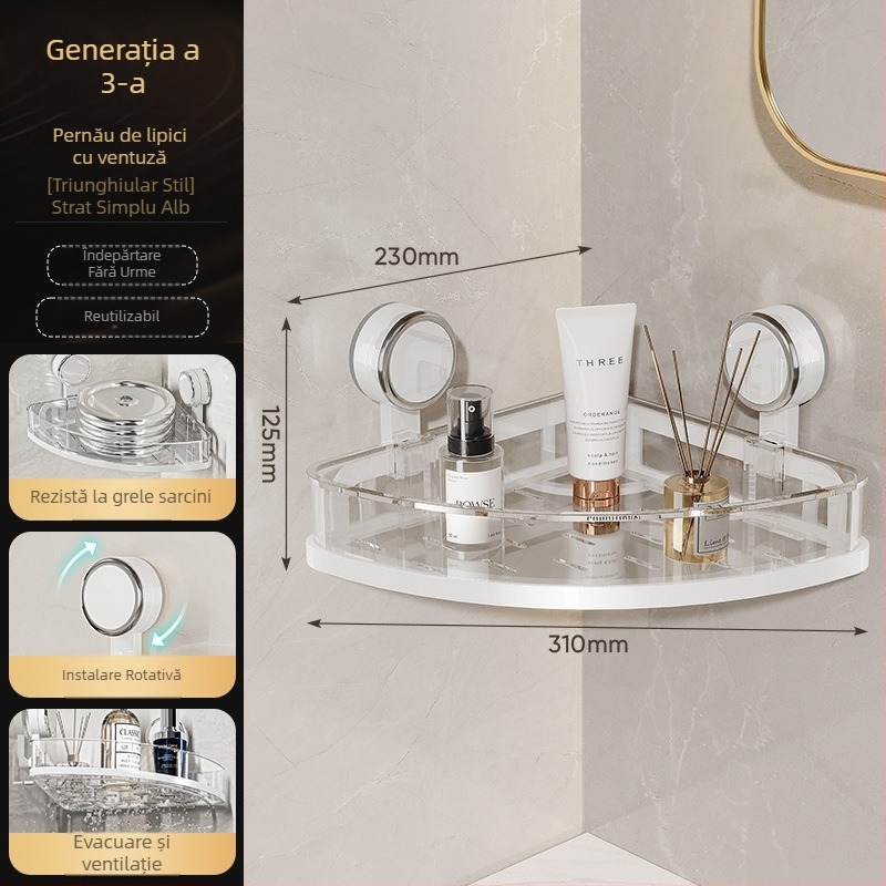 Raft de depozitare pentru baie montat pe perete, fără găuri, cu ventuză, un singur nivel, încărcare 1–5 kg, finisaj plastic