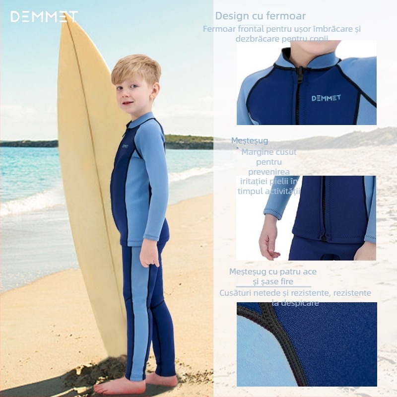 Costum neopren pentru copii, două piese, mâneci lungi, 1.5/3 mm, cald, pentru scufundări, snorkeling și înot