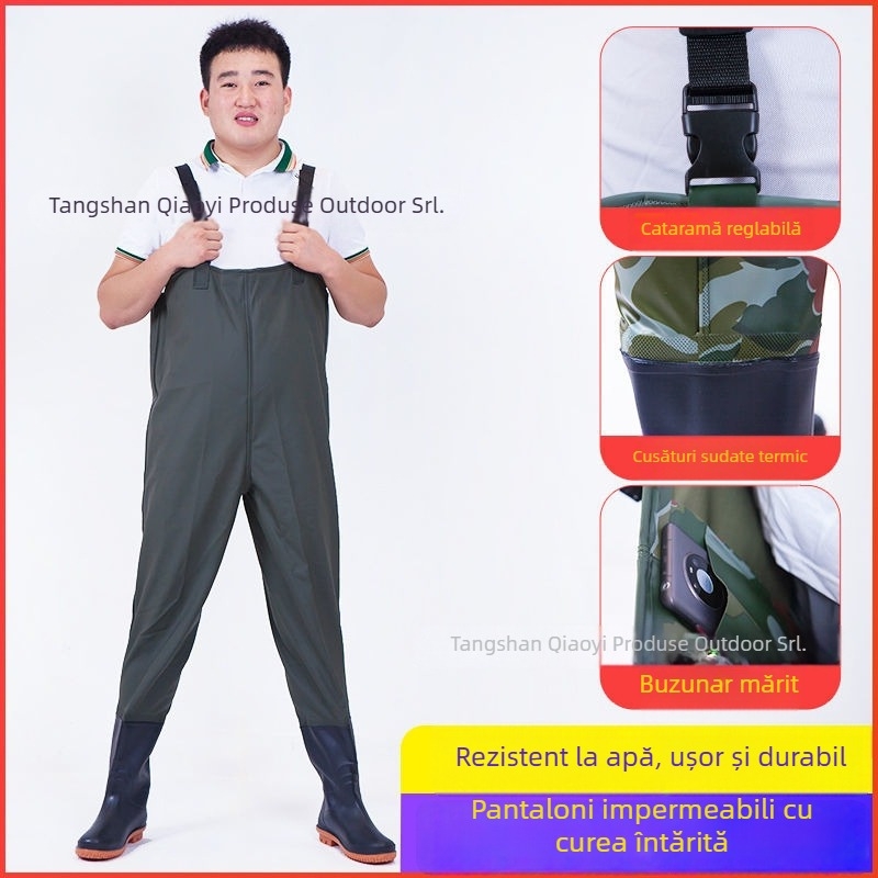 Costum impermeabil unisex cu pantaloni și încălțăminte de apă pentru pescuit și activități în aer liber (Material: PVC tricotat; Model: Monocrom; Sezoane: Toate anotimpurile; Gen: Unisex)