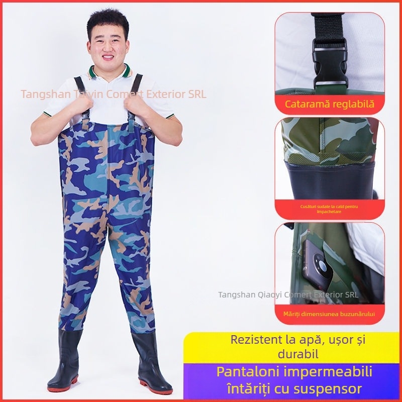 Costum impermeabil unisex cu pantaloni și încălțăminte de apă pentru pescuit și activități în aer liber (Material: PVC tricotat; Model: Monocrom; Sezoane: Toate anotimpurile; Gen: Unisex)