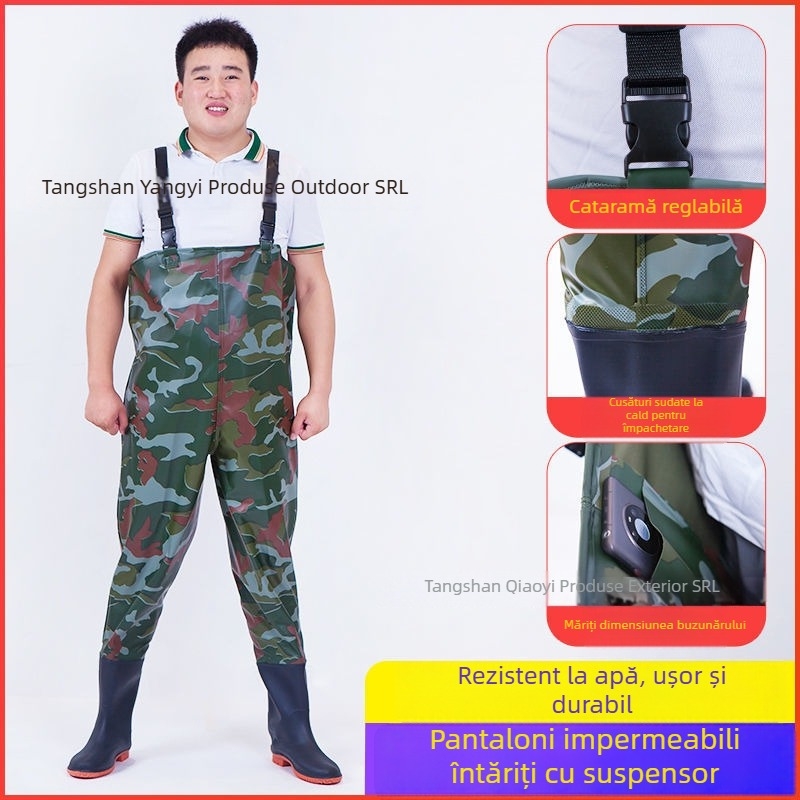 Costum impermeabil unisex cu pantaloni și încălțăminte de apă pentru pescuit și activități în aer liber (Material: PVC tricotat; Model: Monocrom; Sezoane: Toate anotimpurile; Gen: Unisex)