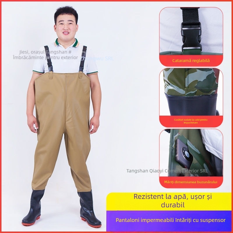 Costum impermeabil unisex cu pantaloni și încălțăminte de apă pentru pescuit și activități în aer liber (Material: PVC tricotat; Model: Monocrom; Sezoane: Toate anotimpurile; Gen: Unisex)