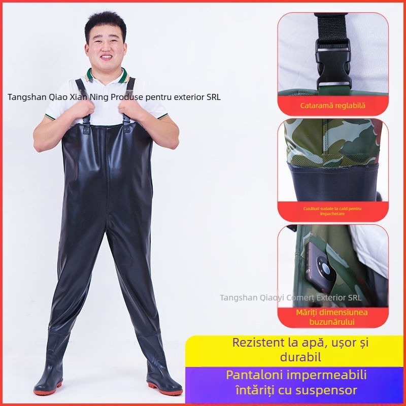 Costum impermeabil unisex cu pantaloni și încălțăminte de apă pentru pescuit și activități în aer liber (Material: PVC tricotat; Model: Monocrom; Sezoane: Toate anotimpurile; Gen: Unisex)