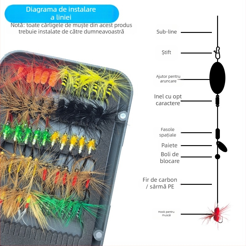 Burning Eagle momeli biionice – set năluci artificiale pentru pescuit cu muște, imitații de fluturi și țânțari, set mixt de cârlige într-o cutie