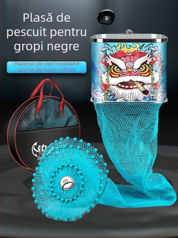 Baon plasă de protecție pentru pescuit din nailon, pătrată, cu inel din oțel inoxidabil, acoperită pentru a preveni blocarea peștilor, portabilă și impermeabilă