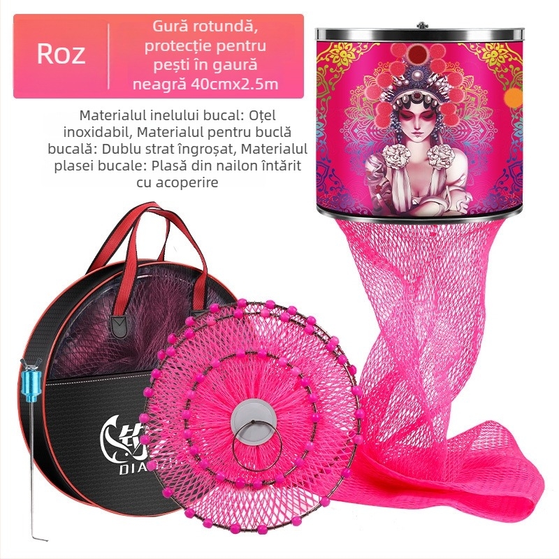 Baon plasă de protecție pentru pescuit din nailon, pătrată, cu inel din oțel inoxidabil, acoperită pentru a preveni blocarea peștilor, portabilă și impermeabilă