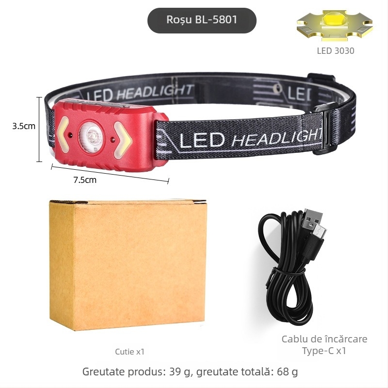 Lampă frontală COB LED, încărcare USB, pentru sporturi în aer liber, rază 50 m, autonomie 3–6 ore, bandă elastică
