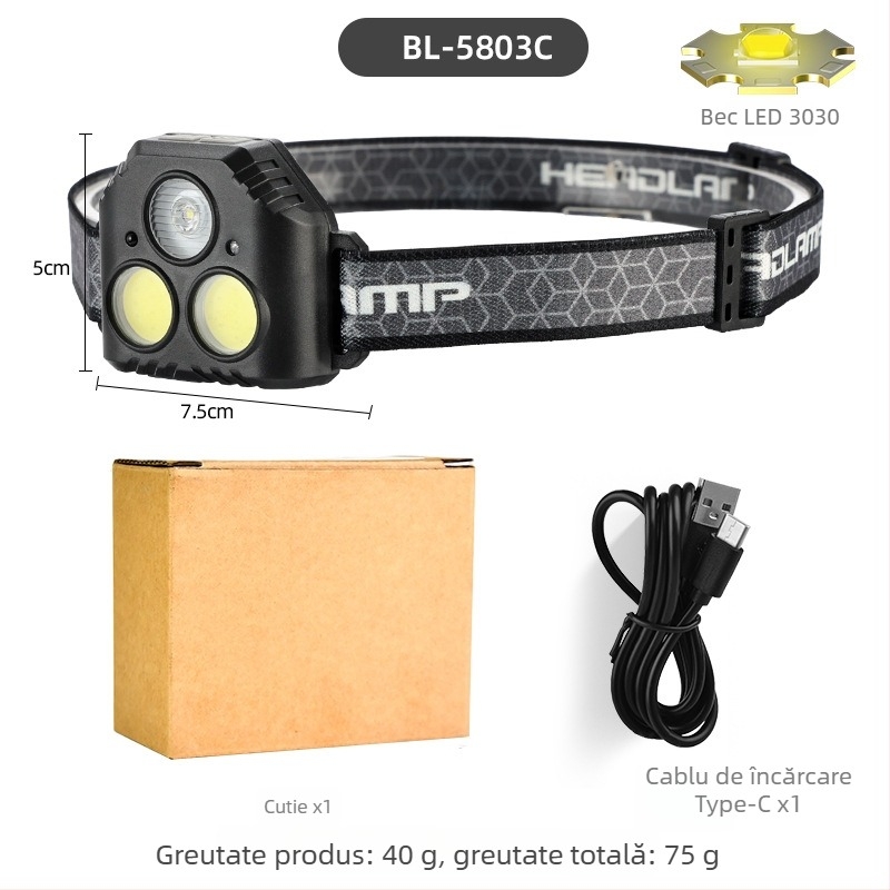 Lampă frontală COB LED, încărcare USB, pentru sporturi în aer liber, rază 50 m, autonomie 3–6 ore, bandă elastică
