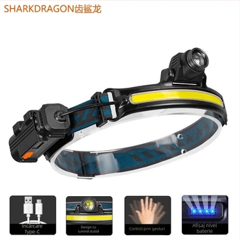 Fener LED pentru cap, pentru exterior, pescuit și camping, încărcare USB-C, 10W, baterie 1200mAh, rotație 360°, fascicul de zoom, rază 200–500 m