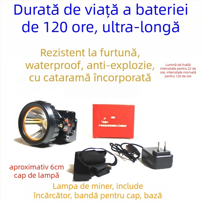 Cască de protecție pentru miner cu lanternă LED, utilizare subterană, încărcare, impermeabilă, rază peste 500 m