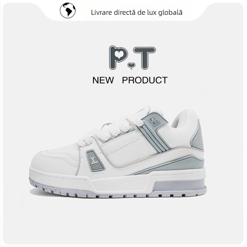 Adidași sport pentru femei din piele naturală, talpă din cauciuc groasă, șireturi, talpă interioară PU, vârf rotund, design mid-top sau low-top, respirabili și anti-derapare