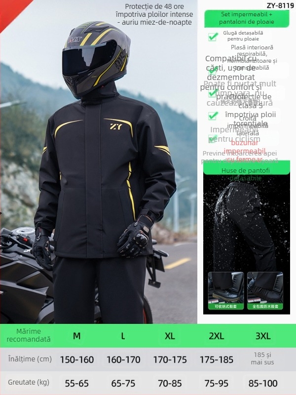 Set impermeabil divizat pentru motocicletă/e-bike, cu design reflectorizant, pantaloni de ploaie pentru adulți, țesătură Chunya Spinning, acoperire PVC, imprimare logo disponibil