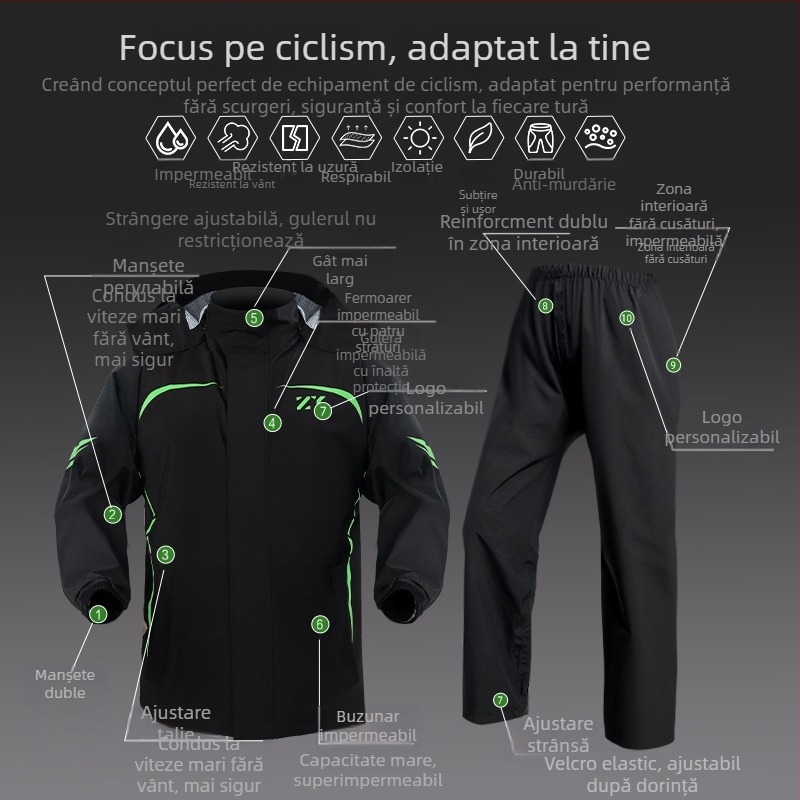 Set impermeabil divizat pentru motocicletă/e-bike, cu design reflectorizant, pantaloni de ploaie pentru adulți, țesătură Chunya Spinning, acoperire PVC, imprimare logo disponibil