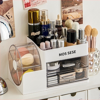 Cutie de depozitare pentru produse cosmetice cu organizator rotativ pentru masă de machiaj – din plastic, stil modern minimalist, protecție împotriva prafului