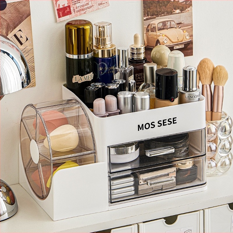 Cutie de depozitare pentru produse cosmetice cu organizator rotativ pentru masă de machiaj – din plastic, stil modern minimalist, protecție împotriva prafului
