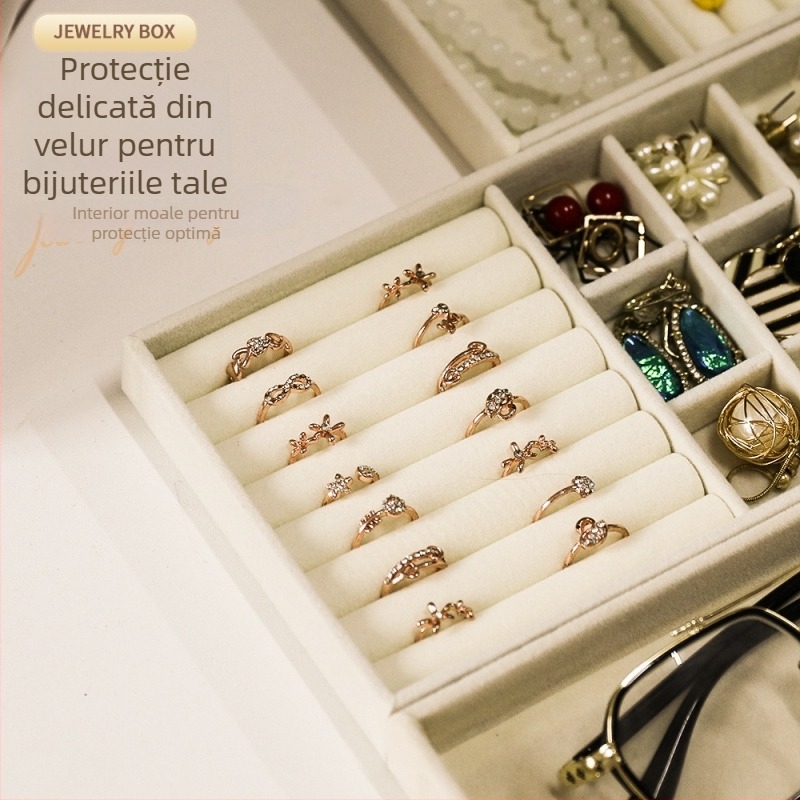 Cutie de depozitare pentru bijuterii cu compartimente, material din flanel, montaj pe birou, 1 nivel, multifuncțional, protecție la praf, stil coreean