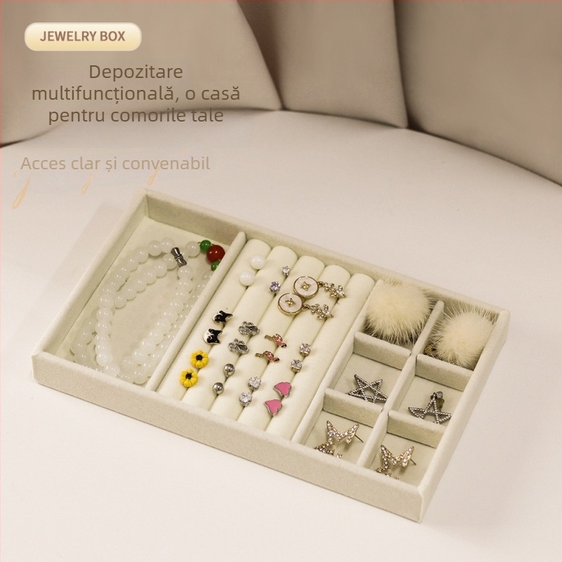 Cutie de depozitare pentru bijuterii cu compartimente, material din flanel, montaj pe birou, 1 nivel, multifuncțional, protecție la praf, stil coreean