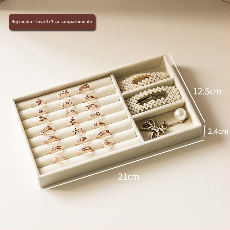 Cutie de depozitare pentru bijuterii cu compartimente, material din flanel, montaj pe birou, 1 nivel, multifuncțional, protecție la praf, stil coreean