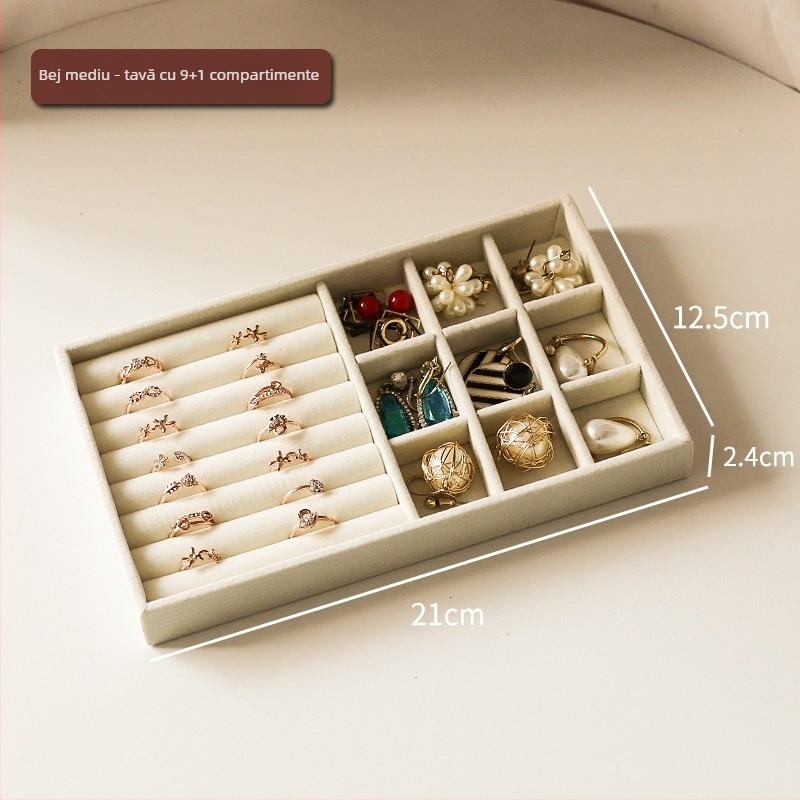 Cutie de depozitare pentru bijuterii cu compartimente, material din flanel, montaj pe birou, 1 nivel, multifuncțional, protecție la praf, stil coreean