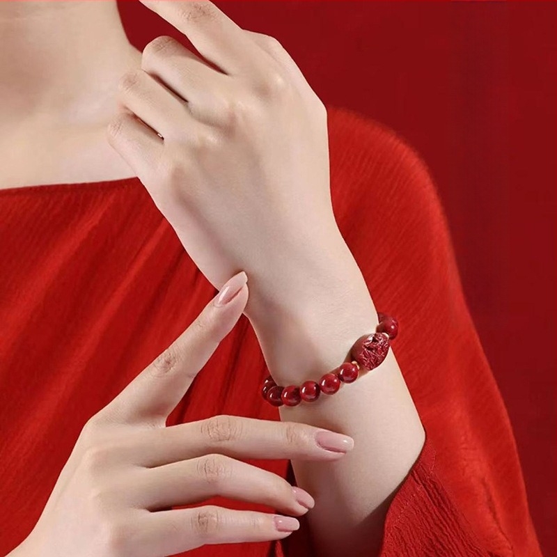 Brățară din cinnabar natural cu mărgele de an în naștere, modele animale zodiac, conținut ridicat de cinnabar, bijuterii etnice unisex