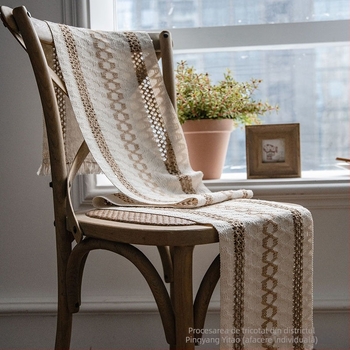 Steag pentru masă și față de masă, model în dungi din amestec in-bumbac 80/20, ciucuri, decor nordic luminos