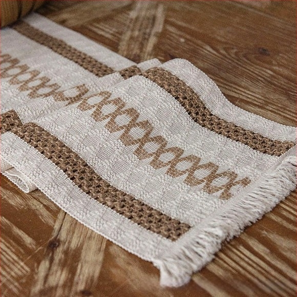 Steag pentru masă și față de masă, model în dungi din amestec in-bumbac 80/20, ciucuri, decor nordic luminos