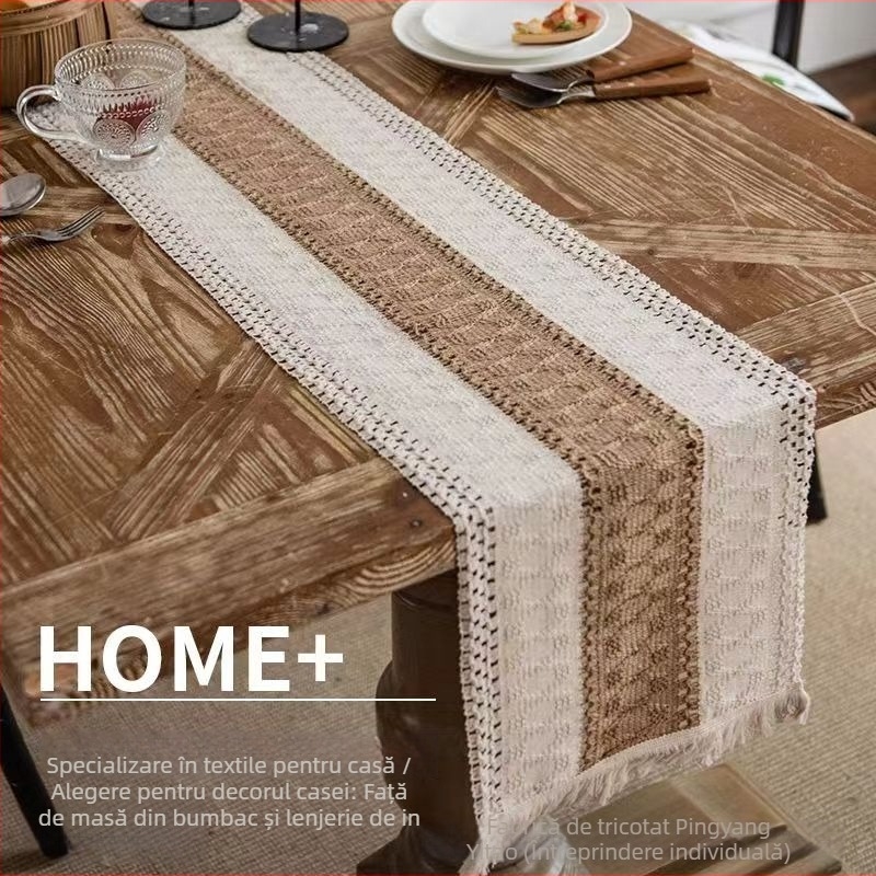 Steag pentru masă și față de masă, model în dungi din amestec in-bumbac 80/20, ciucuri, decor nordic luminos