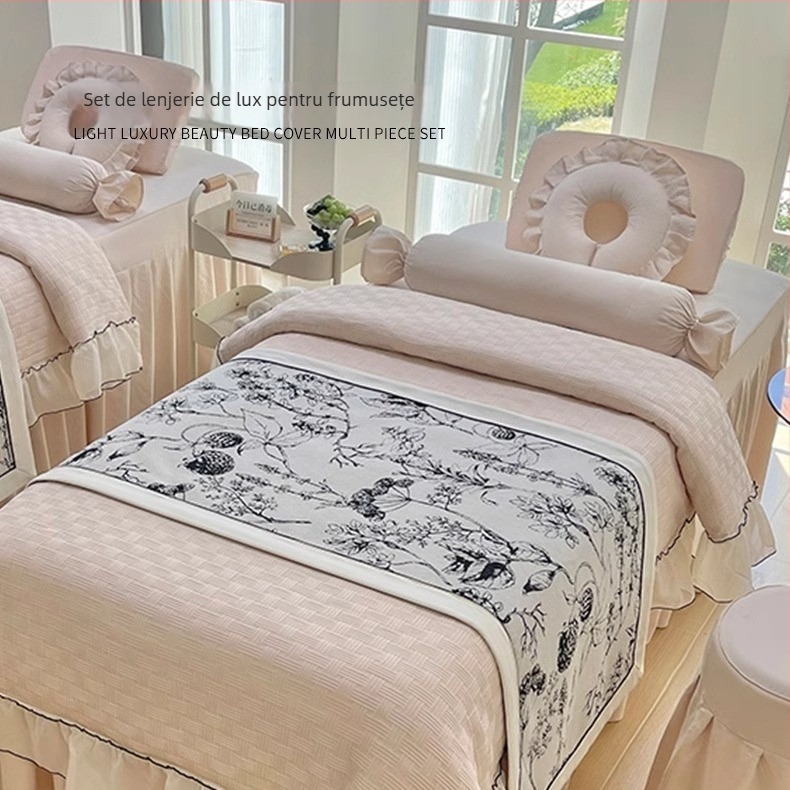 Set pat pentru salon de înfrumusețare – patru piese, stil ușor lux, material brocart din bumbac moale, dantelă, imprimare și țesătură twill, vopsire reactiva