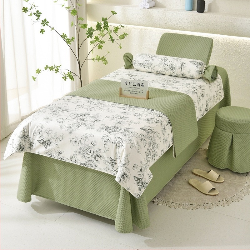 Cuvertură de masaj pentru salonul de înfrumusețare, set de patru piese, imprimeu floral, bumbac tricotat cu imprimare reactive și țesătură Twill, stil ușor lux, 2000-2500 g