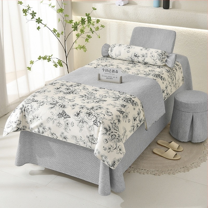 Cuvertură de masaj pentru salonul de înfrumusețare, set de patru piese, imprimeu floral, bumbac tricotat cu imprimare reactive și țesătură Twill, stil ușor lux, 2000-2500 g