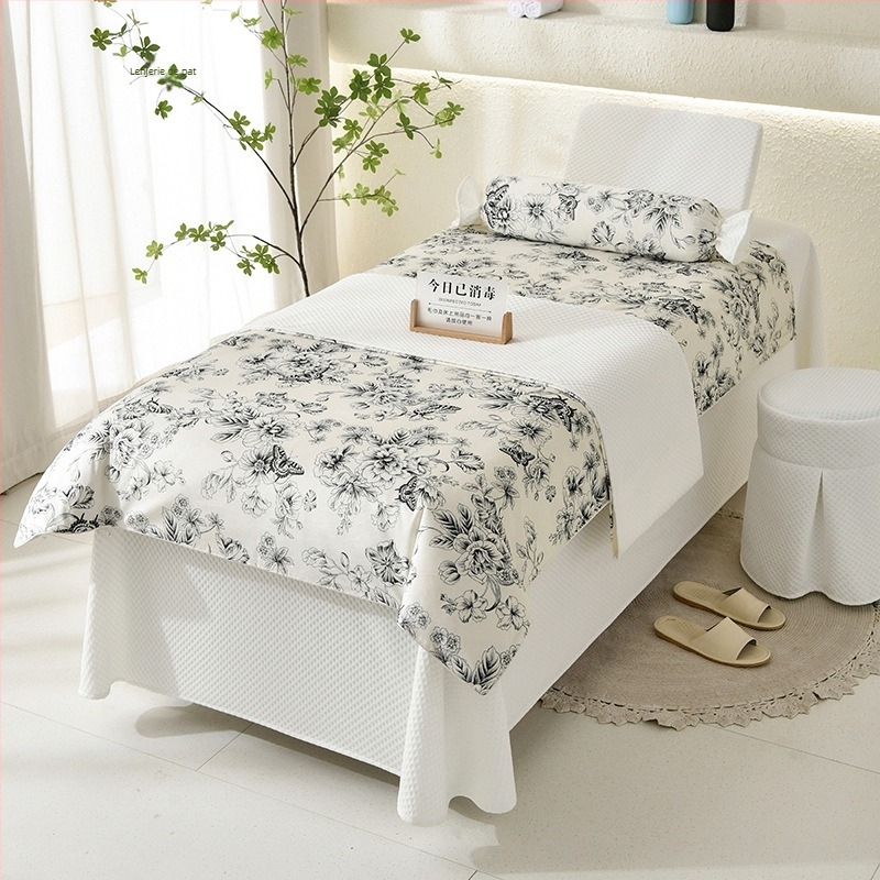 Cuvertură de masaj pentru salonul de înfrumusețare, set de patru piese, imprimeu floral, bumbac tricotat cu imprimare reactive și țesătură Twill, stil ușor lux, 2000-2500 g