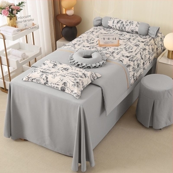 Set cuvertură pat pentru înfrumusețare, patru piese, stil franțuzesc, bumbac Yunjin, imprimare și vopsire reactive, țesătură twill, model: uni sau floral, greutate 2000–2500 g