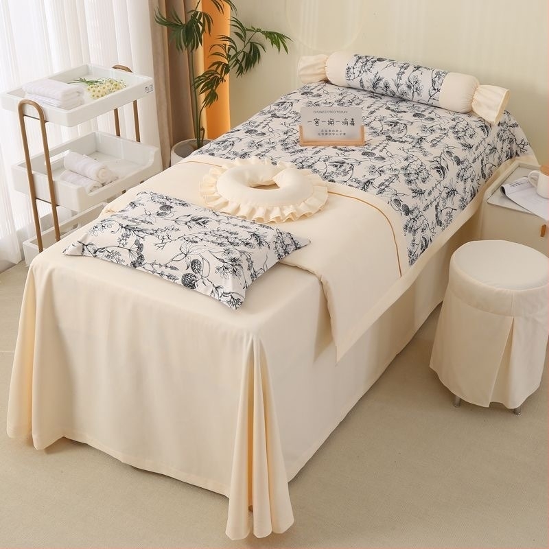 Set cuvertură pat pentru înfrumusețare, patru piese, stil franțuzesc, bumbac Yunjin, imprimare și vopsire reactive, țesătură twill, model: uni sau floral, greutate 2000–2500 g