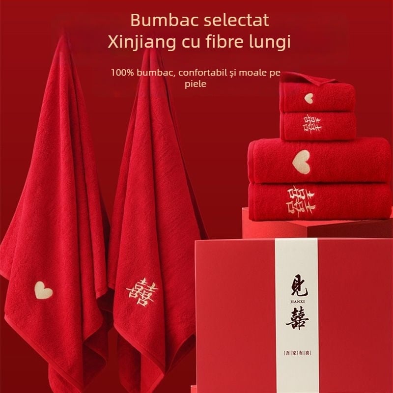 Set de prosoape de baie din bumbac 100% pentru cupluri – 4 piese, cadou de nuntă, înveliș roșu, pentru uz casnic, ediția 2025