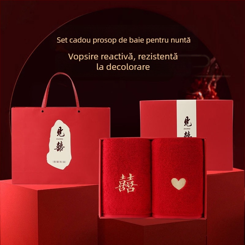 Set de prosoape de baie din bumbac 100% pentru cupluri – 4 piese, cadou de nuntă, înveliș roșu, pentru uz casnic, ediția 2025