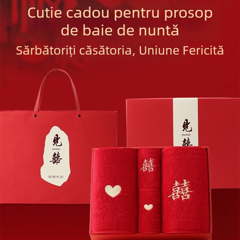 Set de prosoape de baie din bumbac 100% pentru cupluri – 4 piese, cadou de nuntă, înveliș roșu, pentru uz casnic, ediția 2025