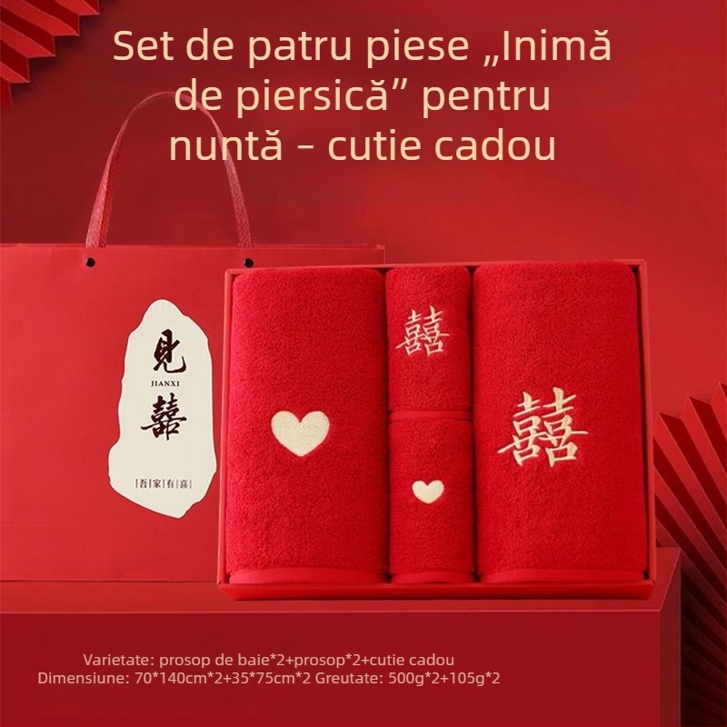 Set de prosoape de baie din bumbac 100% pentru cupluri – 4 piese, cadou de nuntă, înveliș roșu, pentru uz casnic, ediția 2025