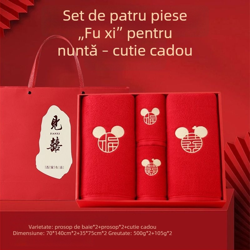 Set de prosoape de baie din bumbac 100% pentru cupluri – 4 piese, cadou de nuntă, înveliș roșu, pentru uz casnic, ediția 2025