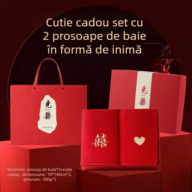 Set de prosoape de baie din bumbac 100% pentru cupluri – 4 piese, cadou de nuntă, înveliș roșu, pentru uz casnic, ediția 2025