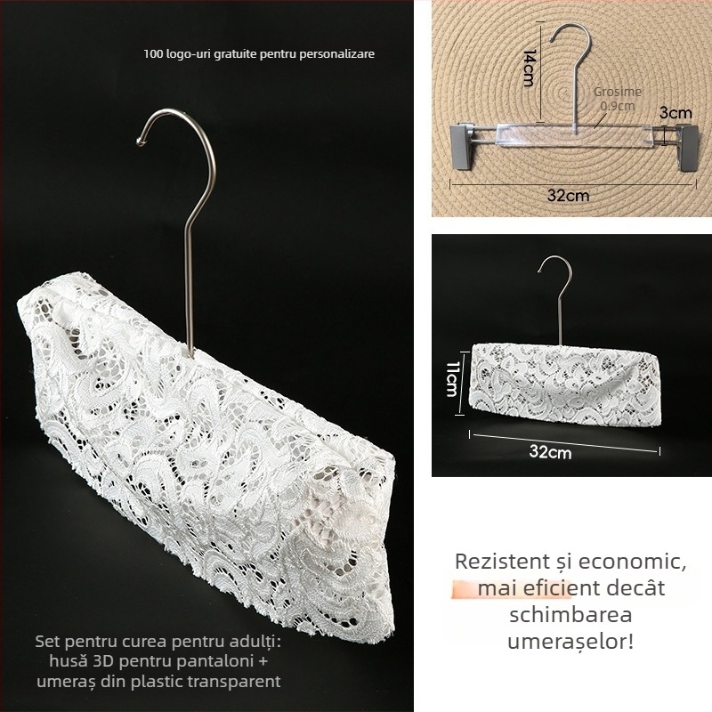 Husă de umeraș din material textil: husă antiderapantă din in și dantelă, bumbac, set 10 bucăți, potrivită pentru umerașe de haine, suporturi pentru pantaloni și suporturi pentru cravate