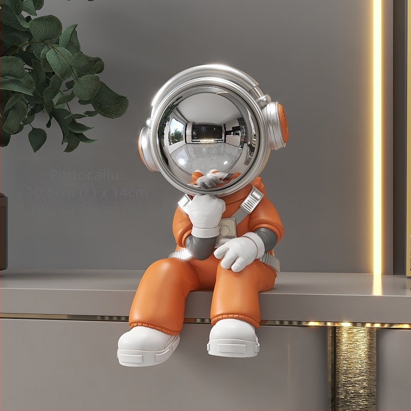 Figurină astronaut în poziție șezândă – rășină, vopsită manual, stil modern minimalist
