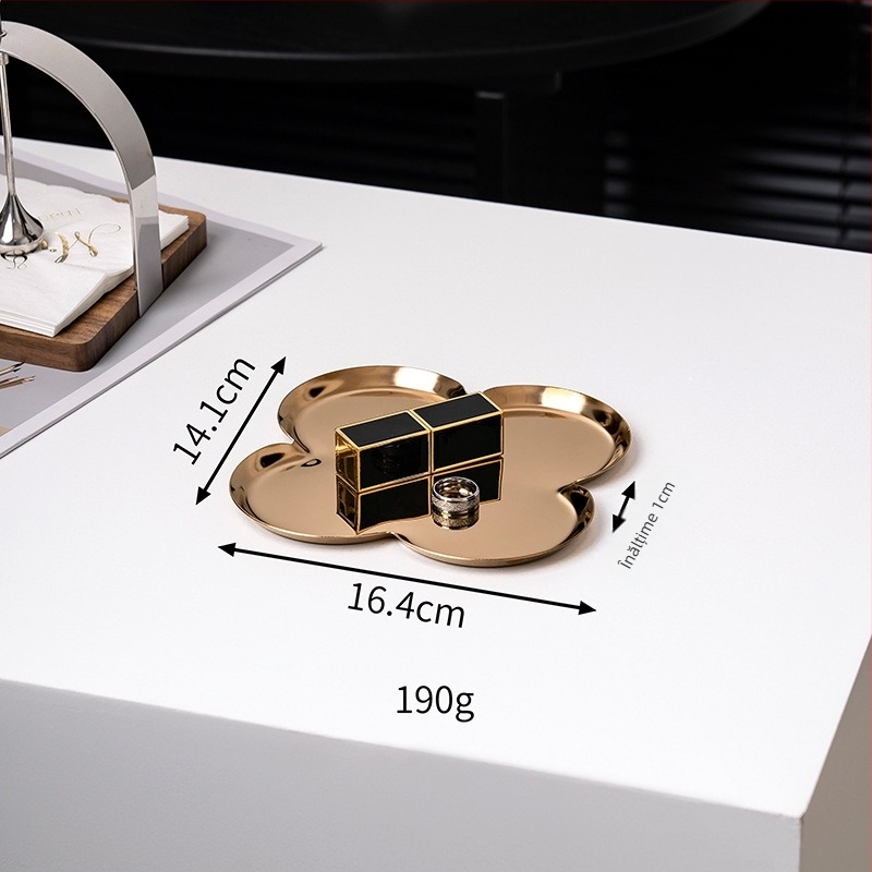 Tavă de depozitare pentru bijuterii din oțel inoxidabil, în formă de floare – tavă decorativă de birou cu trifoi cu patru foi, stil ușor luxos, placare electrolitică