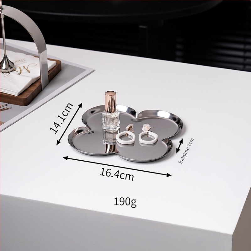 Tavă de depozitare pentru bijuterii din oțel inoxidabil, în formă de floare – tavă decorativă de birou cu trifoi cu patru foi, stil ușor luxos, placare electrolitică
