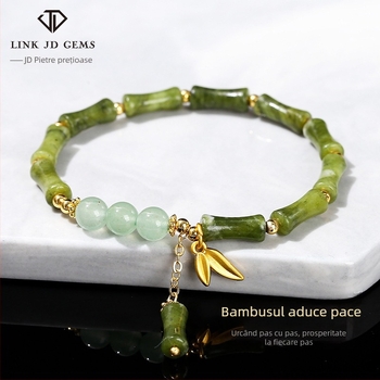 Jingdong Jewelry Brățară din jad cu frunze de bambus, accente metalice - stil chinezesc retro pentru femei