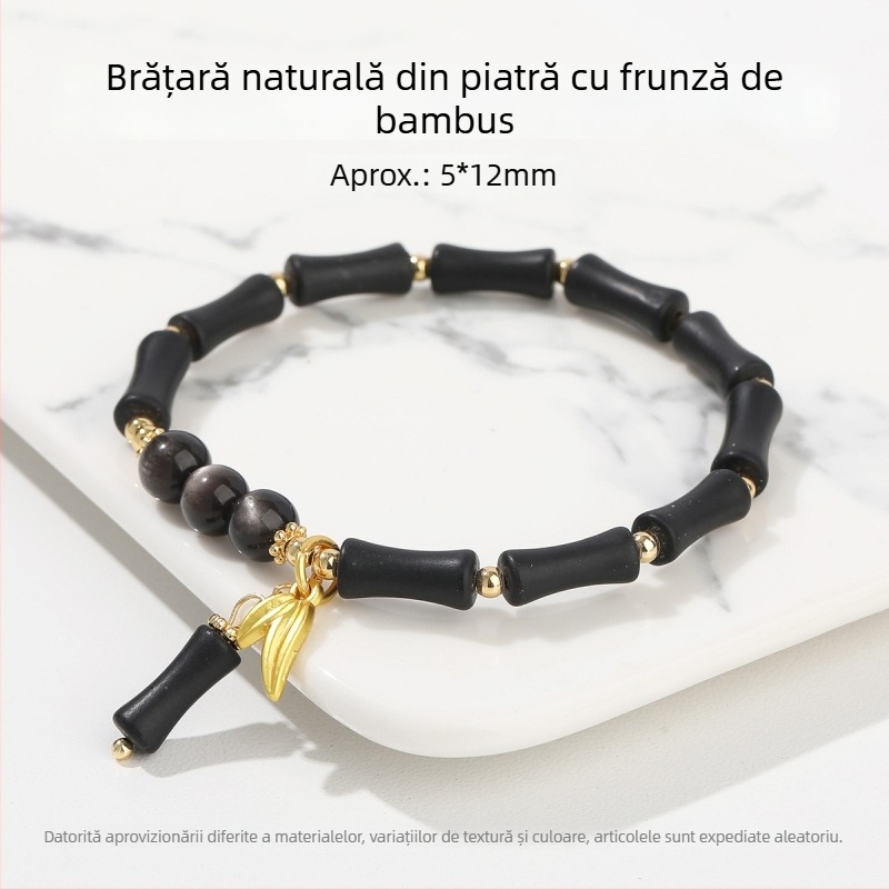 Jingdong Jewelry Brățară din jad cu frunze de bambus, accente metalice - stil chinezesc retro pentru femei