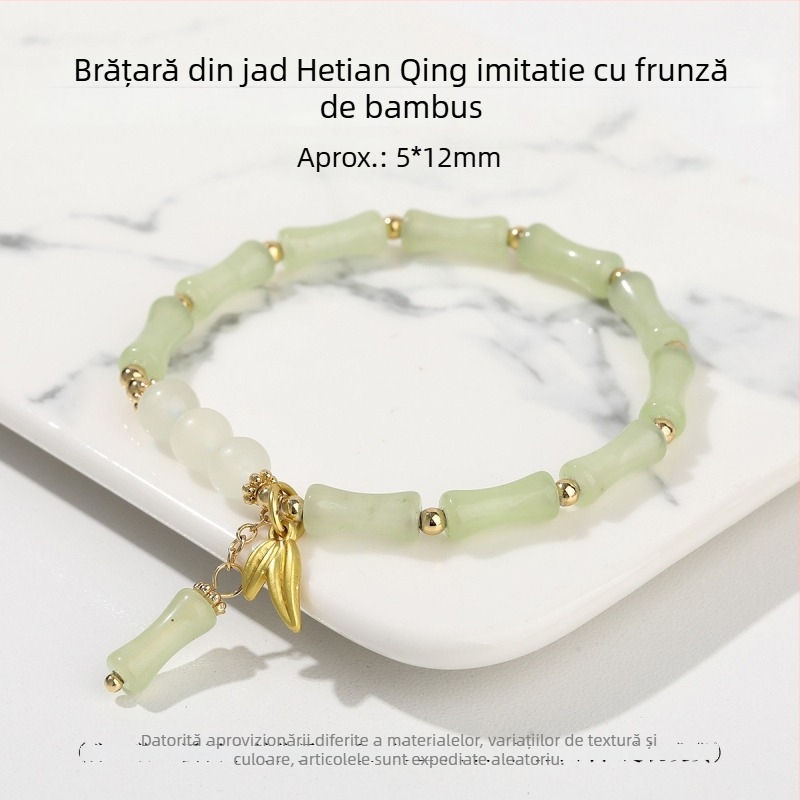 Jingdong Jewelry Brățară din jad cu frunze de bambus, accente metalice - stil chinezesc retro pentru femei