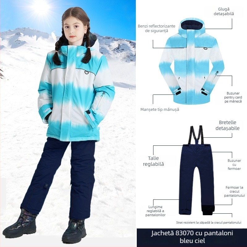 Phibee set ski pentru fete: jachetă și pantaloni groși, impermeabil, respirabil, cald, căptușit cu fleece