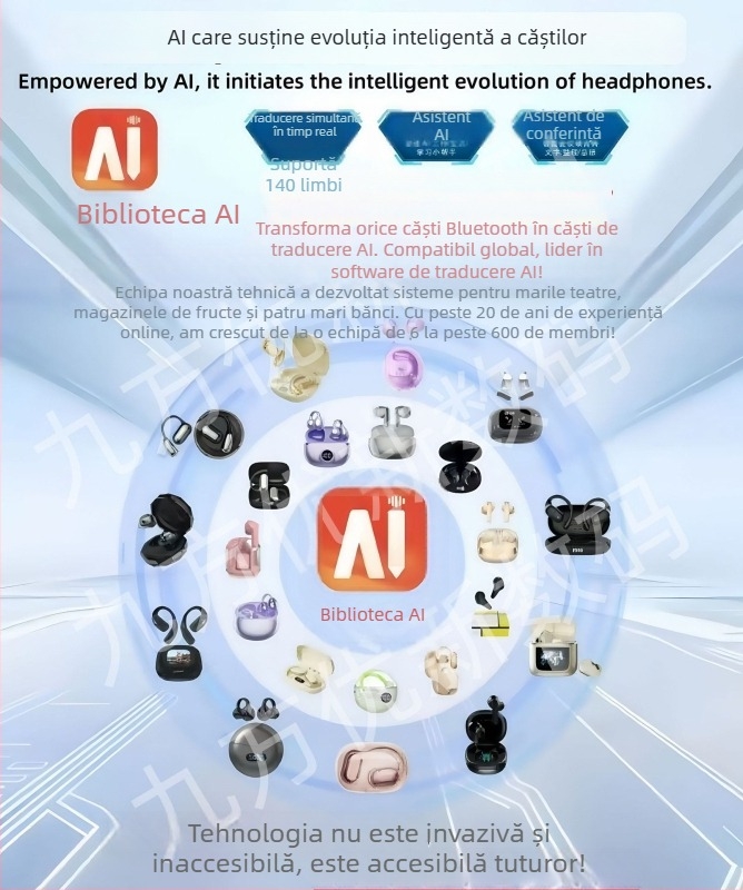 Căști de traducere cu AI în timp real, montate pe ureche, Bluetooth 5.0, IPX3, rază 15 m, autonomie 4–8 h
