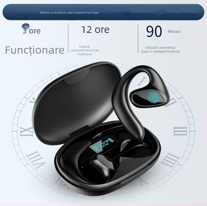 Căști de traducere cu AI în timp real, montate pe ureche, Bluetooth 5.0, IPX3, rază 15 m, autonomie 4–8 h