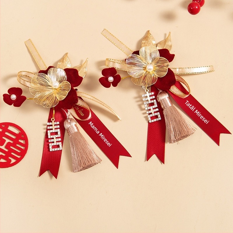 Set corsaje pentru nuntă din flori de mătase, broșe lucrate manual pentru mireasă, mire și părinți